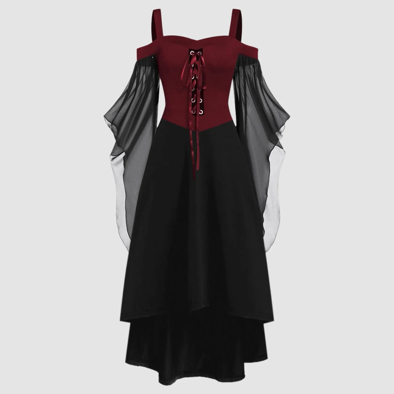 Retro Gothic Dress Witch Halloween Costume Lace Strap Collar Long Horn Sleeves Womens Role Playing 240823