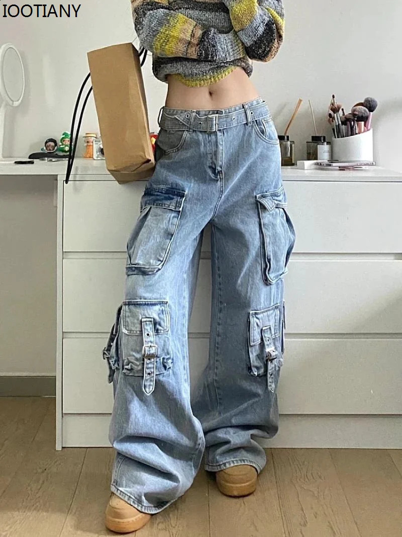 Ladies Cargo Jeans American Street Style Baggy Cargo Pants Women Blue Multi-pocket High-waisted Wide Leg Trousers For Women 240822