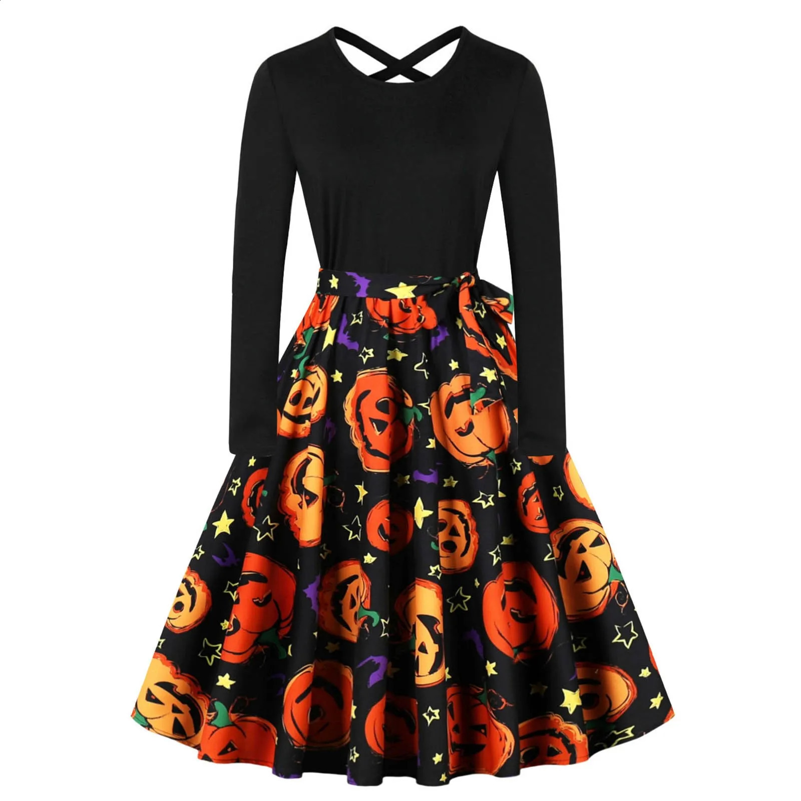 Halloween Christmas Party Dress Womens Long Sleeve Vneck Pumpkin Print Retro Casual Aline Role Playing Tank Top 240823