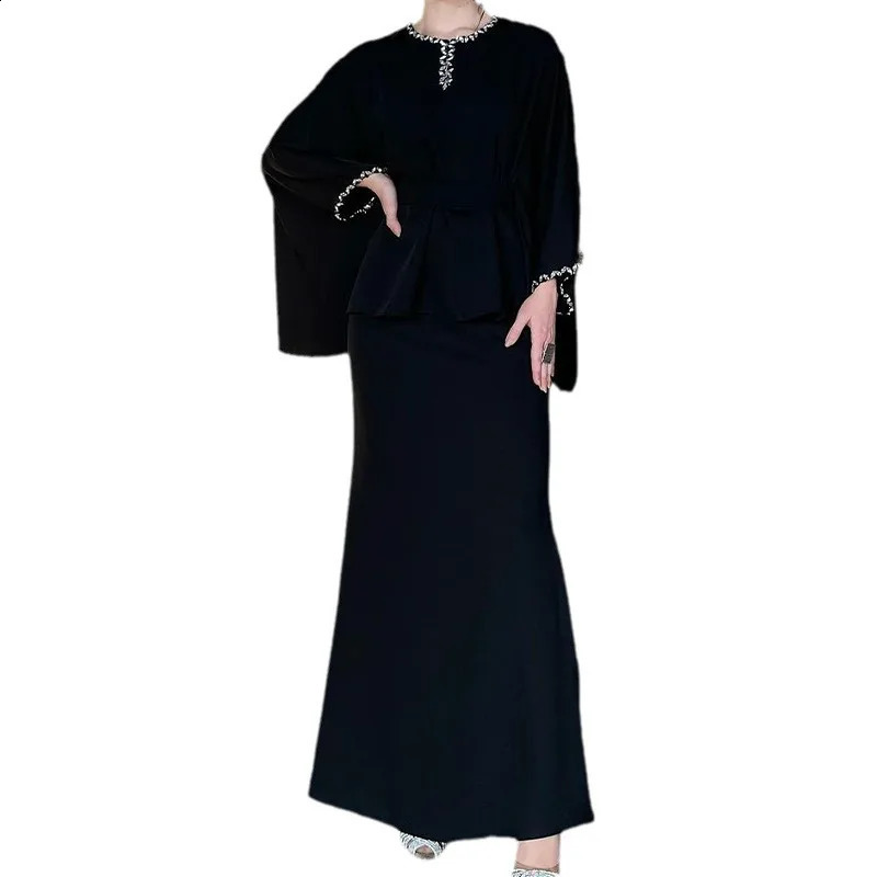 Skirt Set Women Two Piece Sets Round Neck Full Bat Sleeve Sexy Dress Sets Tops Tight Waist Long Skirts Elegant Splice Summer 240823