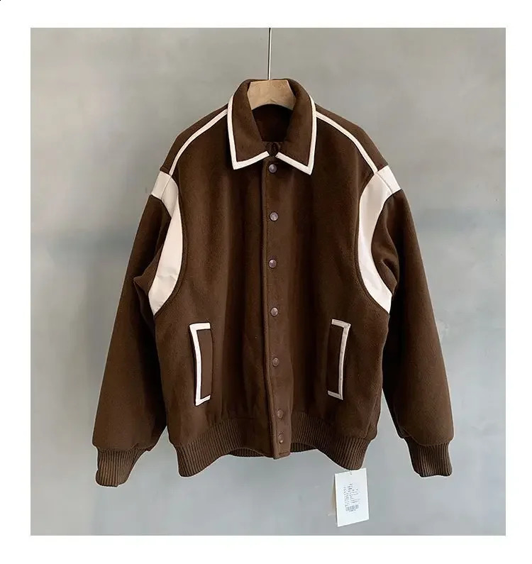 Korean style spliced woolen jacket mens autumn and winter trendy Japanese retro high-end top high street work jackets top 240815