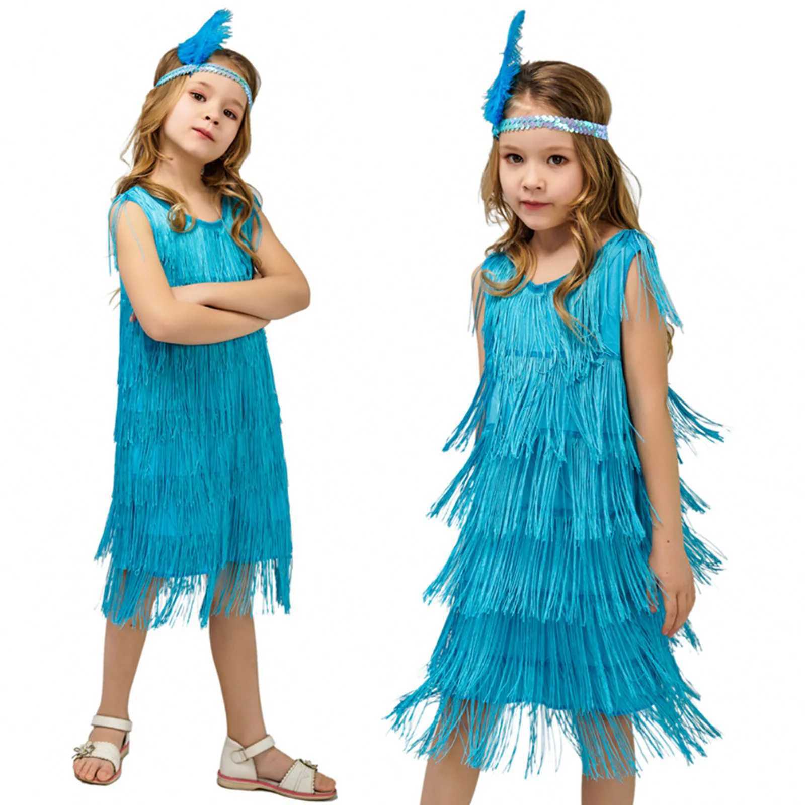 Childrens edge leather girl lapel dress sequined edge Latin dance dress tassel tango dress feather headband clothing W240823