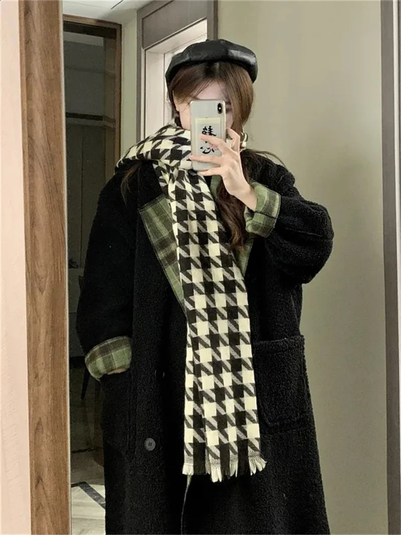 Retro Loose Simple Slim Plaid Medium Long Coat Womens Winter Thickened Loose Double Wear Long Sleeve Woolen Coat 240822