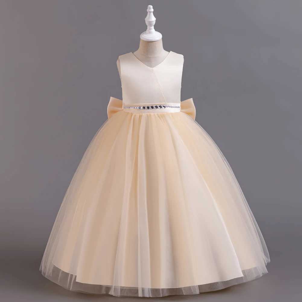 Fashionable solid girl evening gown sequined waistband sleeveless childrens bridesmaid dress summer chiffon childrens party dress 3-12 years W240823