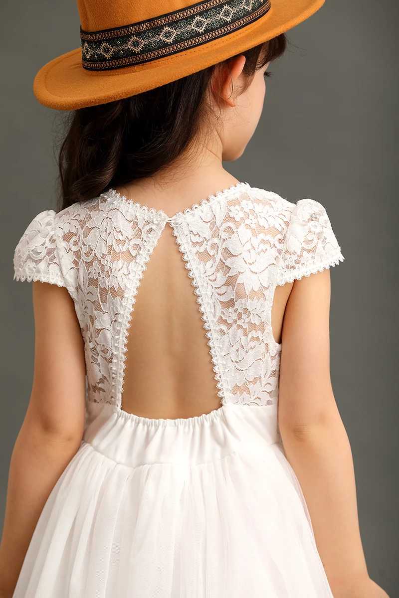 Bohemian style girl lace mesh patch V-neck backless fashionable wedding flower girl evening dress 4 6 7 8 10 14 W240823