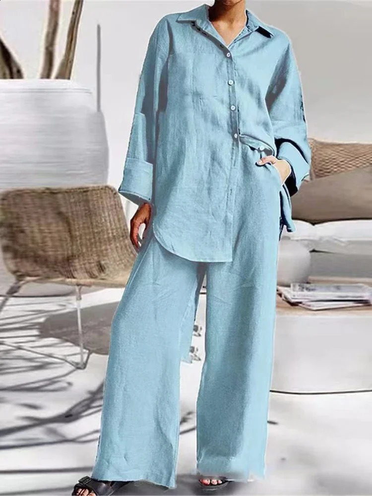 2024 Summer Womens Solid Color New Set Cotton Hemp Rope Collar Fashion Long Sleeve Shirt High Waist Wide Leg Pants Two Piece Set 240823