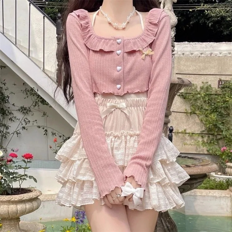 Sweet Square Collar Ruffles Long Sleeve Cardigan Coat Y2k High Waist Ruched A-line Cake Shorts Skirts Two Piece Sets 240823
