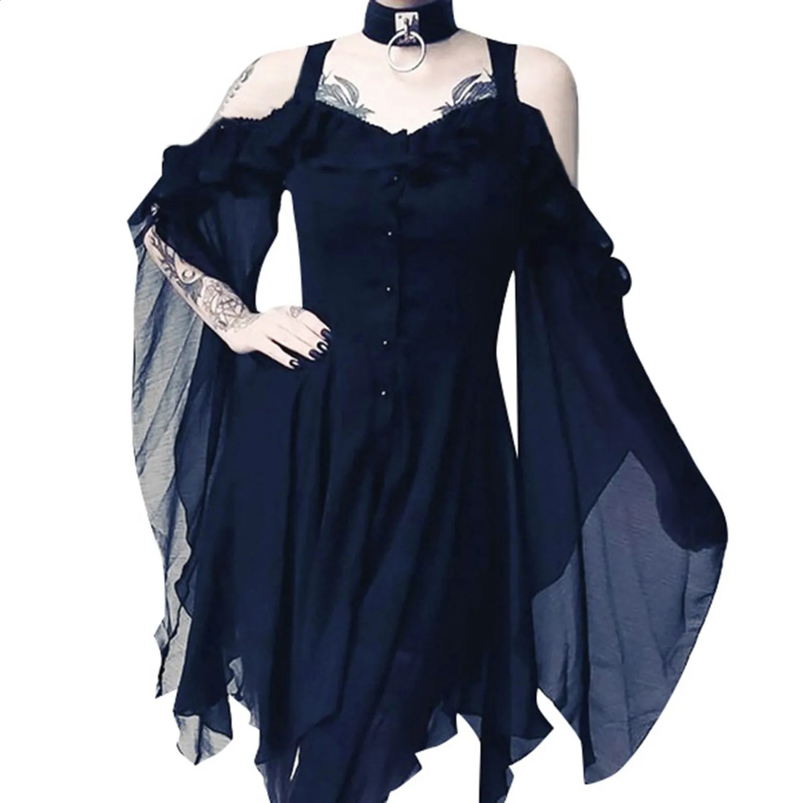 Gothic Witch Retro Dress Womens Sexy Hollow Lace Waist Horn Shoulders Halloween Costume w240824