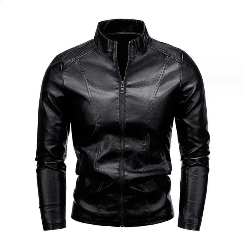 Autumn Men Leather Coat Vintage Classic Stand Collar Male Faux Leather Jacket Trend Casual Fit Slim Motorcycle Clothes 240822