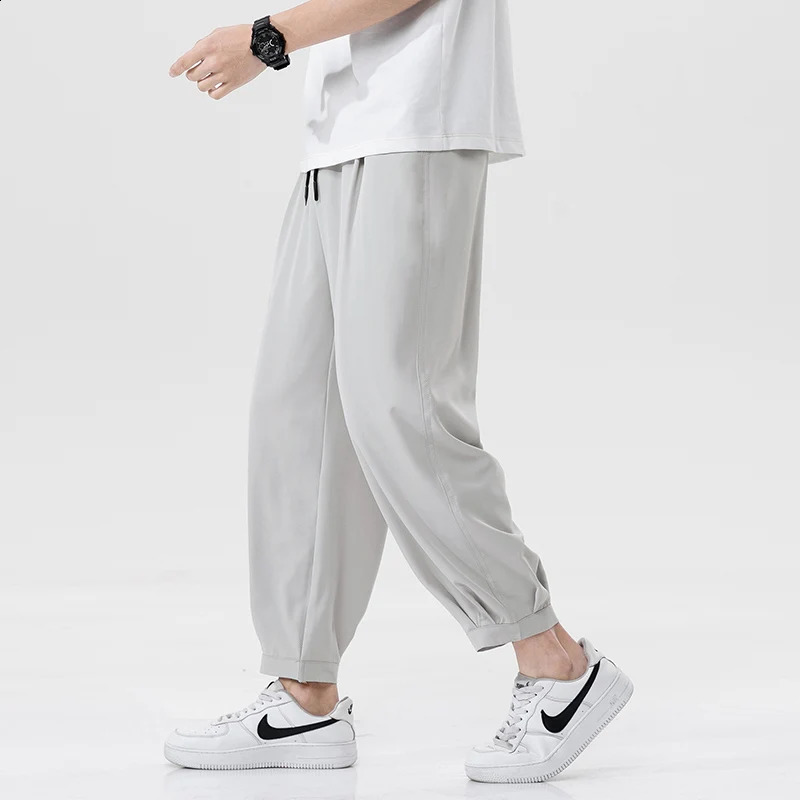 Ice Silk Summer Mens Anklelength Pants Solid Loose Quick Dry Casual Elastic Lightweight Joggers Thin Business 240822