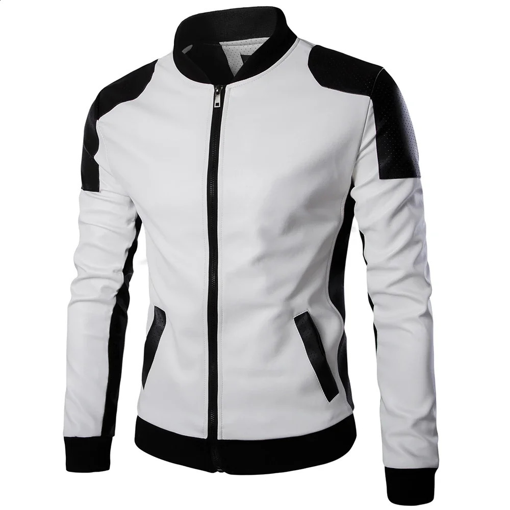 Men Stand Collar Coat Black White Color Matching Casual Leather Jacket Fashion Racing Clothing PU Leather Jacket 5XL-M 240822
