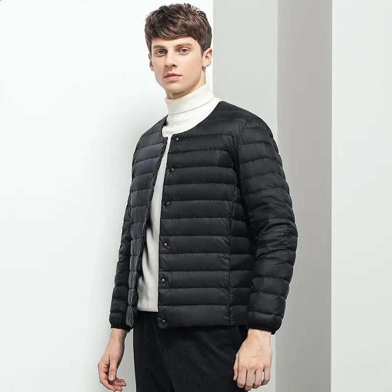 Mens lined duck down jacket Oneck variable Vneck mens winter warm collarless ultra light quilted puff coat 240822
