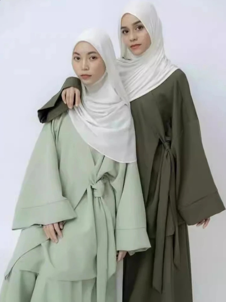 Eid Muslim Women Two Piece Set Kaftan Islam Lace Up Tops Skirt Suits Morocco Ensembles Abaya Turkey Ramadan Modest Outfits 240823