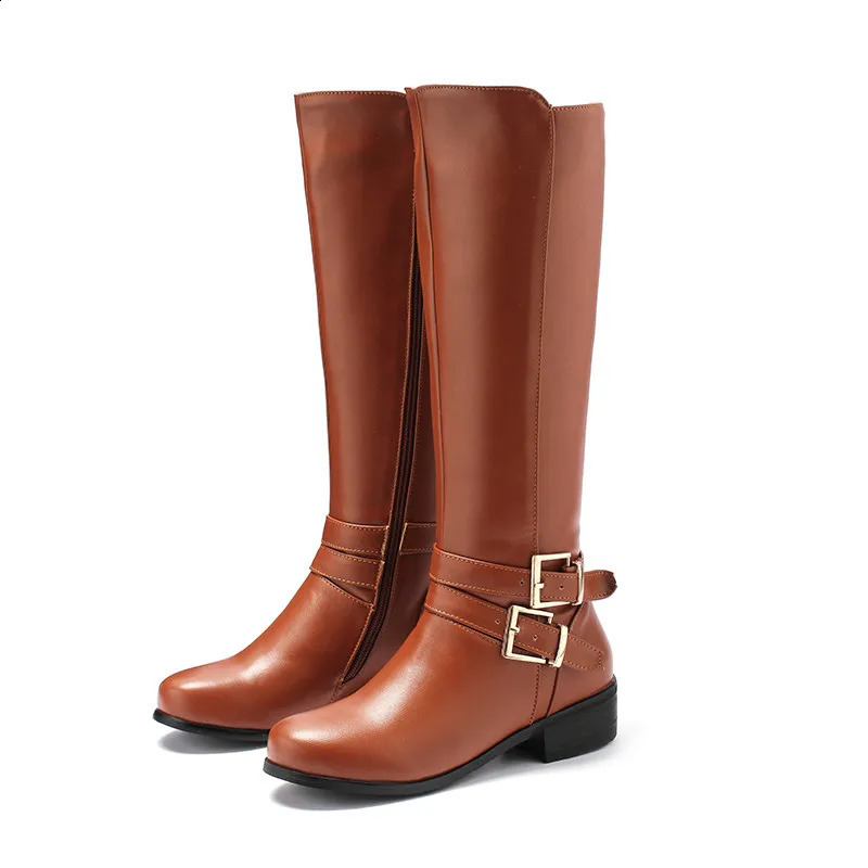 YMECHIC Winter Plush powder blusher Brown Mid and Small Leg Long Knight Boots Womens Button Low Short Fat High Heels Plus Size Party Shoes 240823