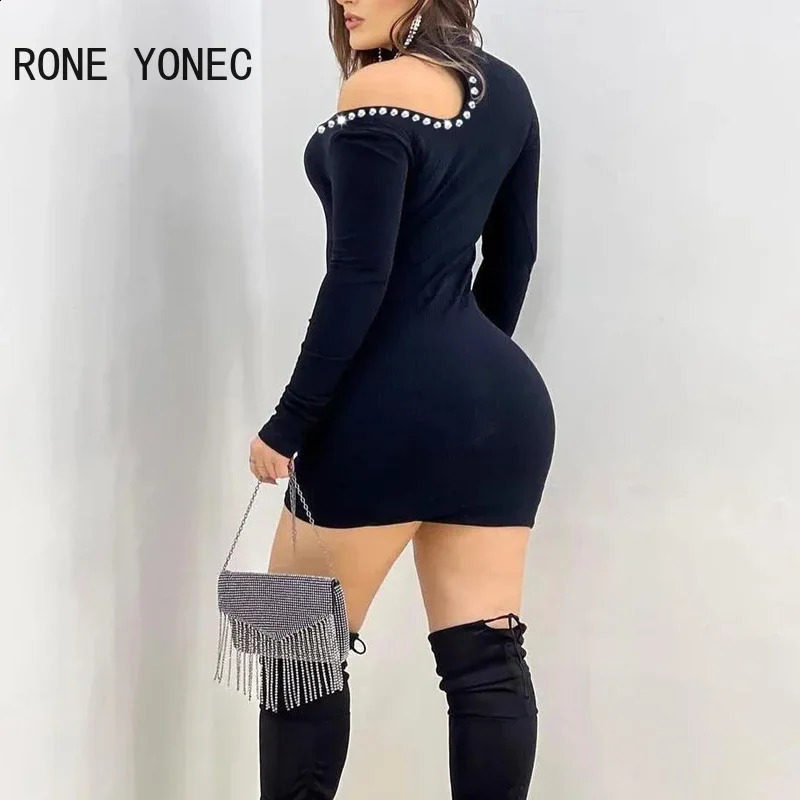 Women Rhinestone Decoration One Shoulder Long Sleeves Mini Bodycon Basic Dress 240823