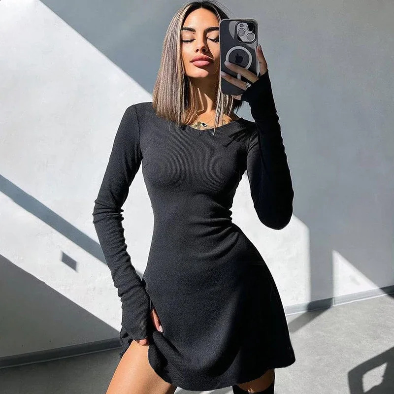 Elegant And Pretty Women Dresses Autumn Winter Black Sexy Short Dress Female V Neck Long Sleeve Slim Solid Color Mini Dress 240823