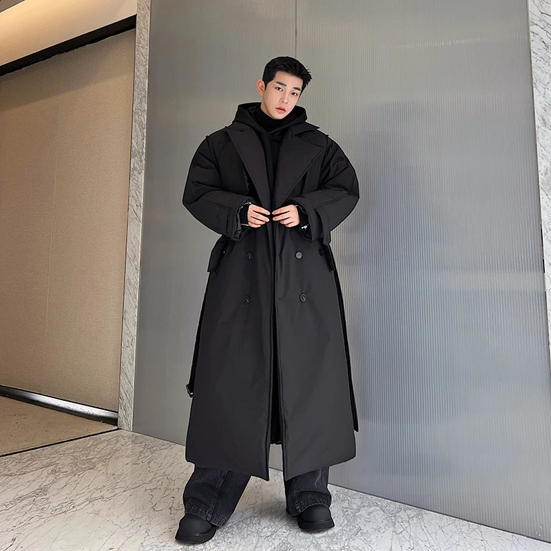 NOYMEI Oversize Silhouette Thickened Double Row Subblack Long Cotton Coat Black Belt Korean Trendy Trench Men Winter WA3310 240822