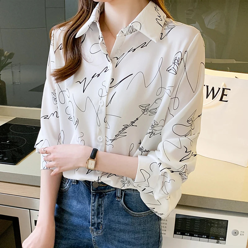 Womens Spring Korean Fashion Loose Graffiti Printed Polo Neck Long Sleeve Shirt Clothing Casual Full Match Office Top 240822