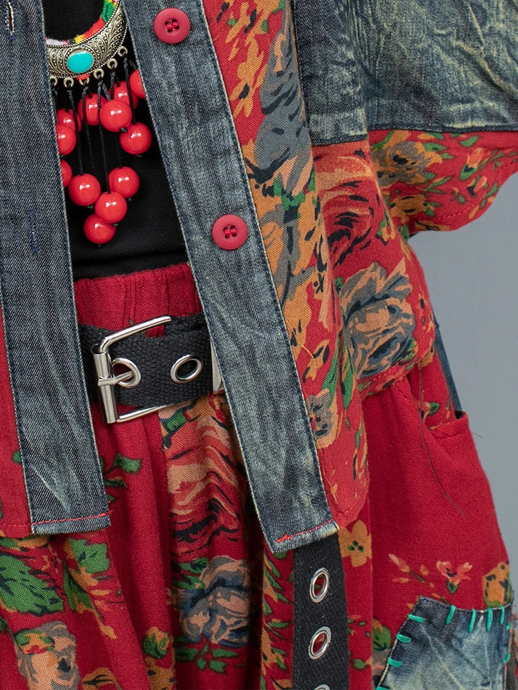 Summer Large Flower Patchwork Denim Lapel Long Sleeved Jacket Shorts Two-piece Set Women Short Sets LX329 240823