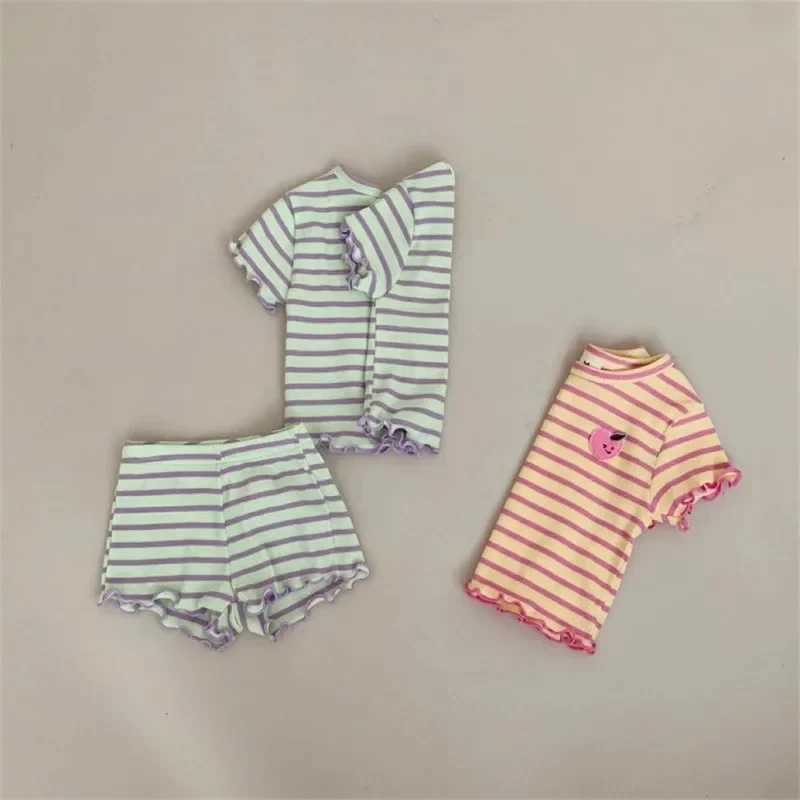 2024 summer new baby striped short sleeved clothing set girls ear top+short 2-piece set childrens grape pattern clothing project W250218