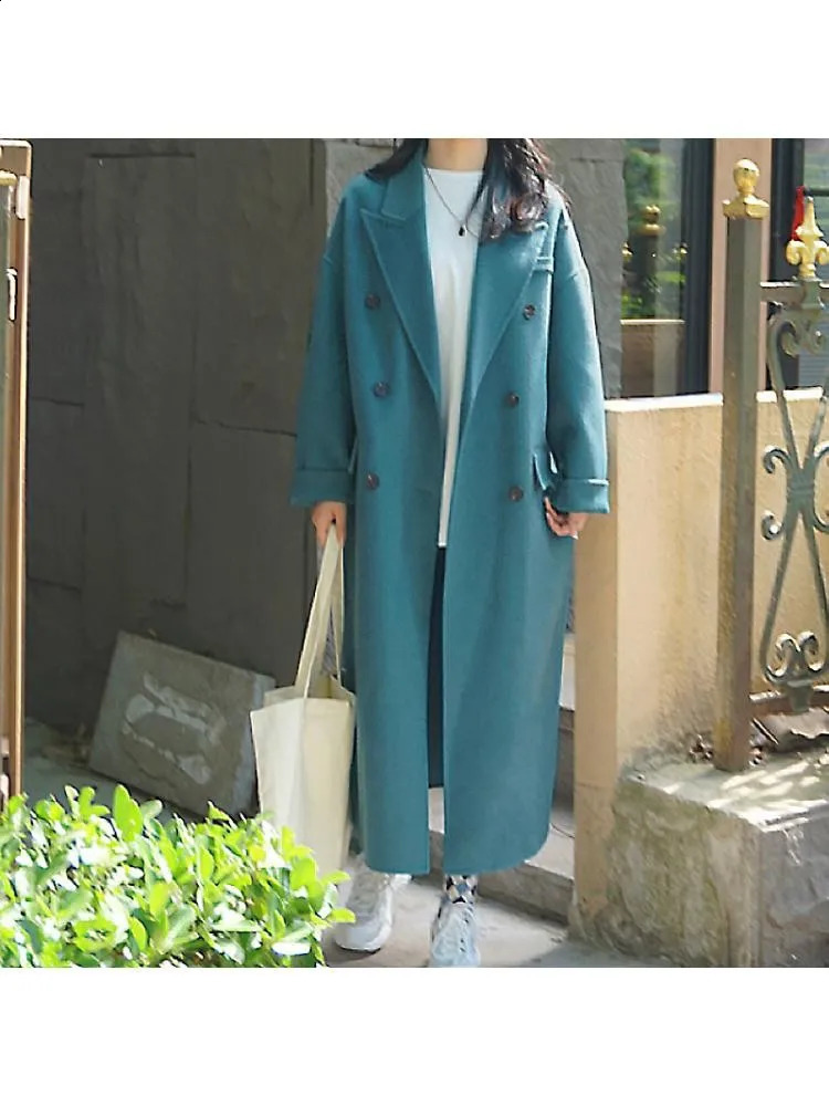 Winter Korean Style High-End Handmade Double Breasted Black Long 100% Wool Coat Women Lapel Loose Warmer Woolen Jacket 240822