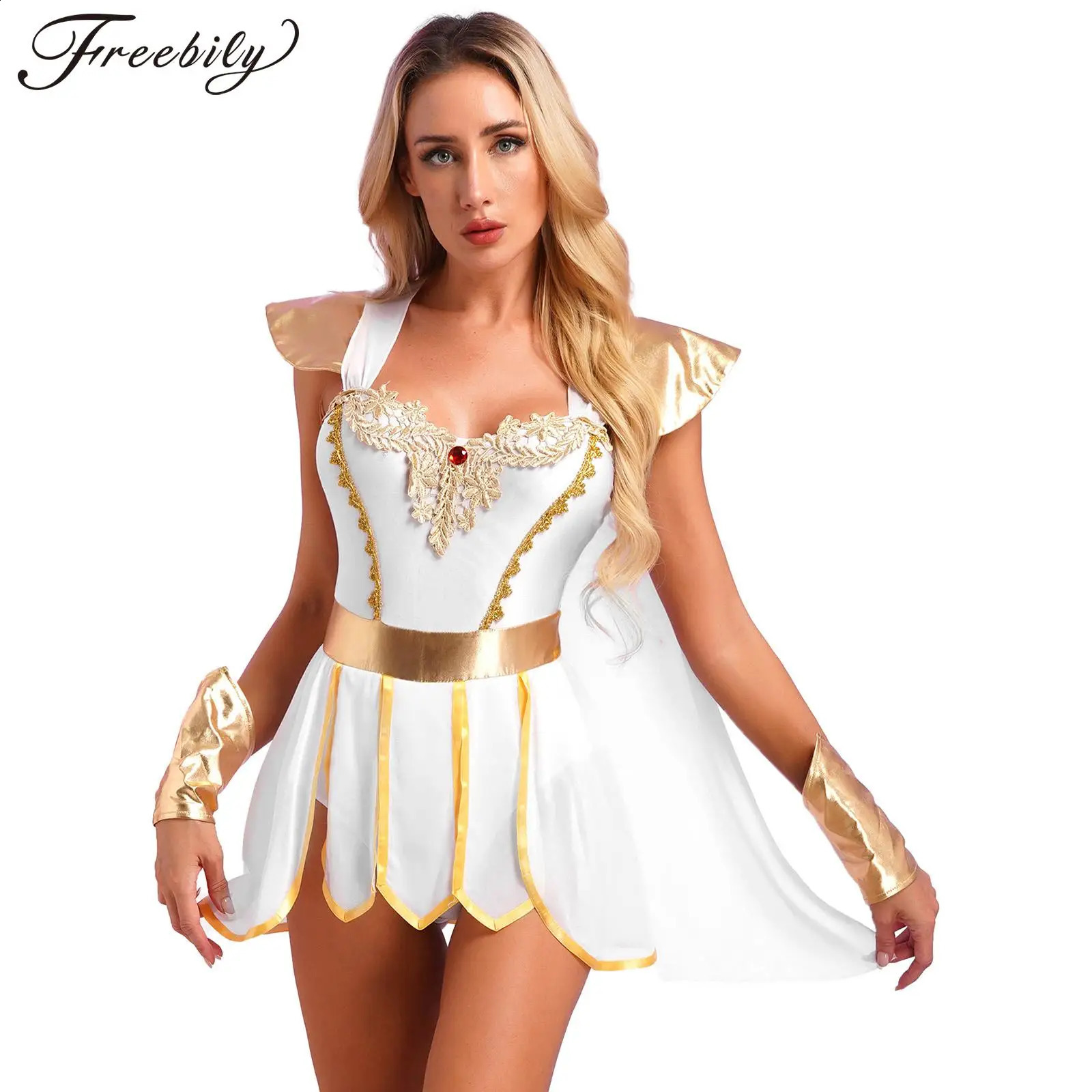 Womens Greek Roman goddess queen cosplay costume Cape Town bodysuit Toga with wristband Halloween themed party w240824