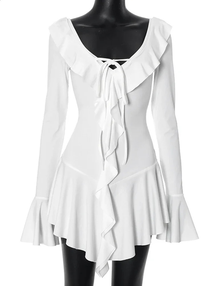 TARUXY White Deep V Neck Ruffled Dress For Women Long Flare Sleeve Autumn Fashion Beach Party Short Dresses Female Sexy Slim 240823