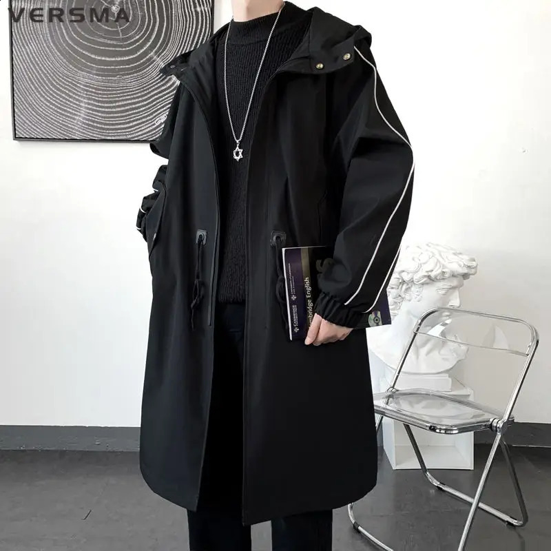 VERSMA Korean Harajuku Kpop Punk Rock Trench Coat Men British Style Hip Hop Classic Oversize Mens Black Trench Coats Windbreaker 240822