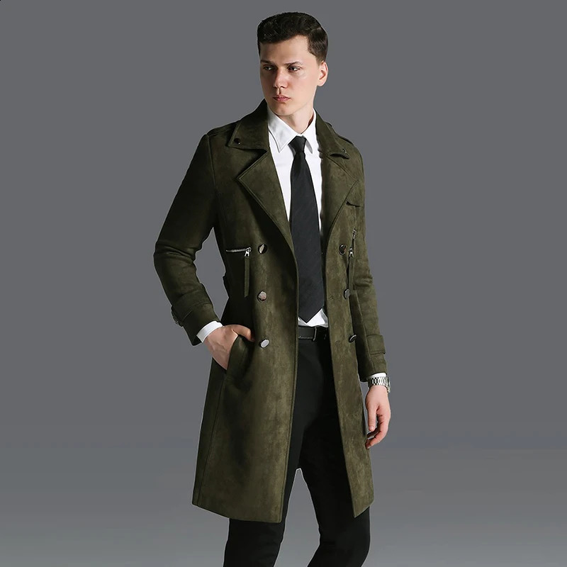 Men Autumn Casual Suede Trench Coat Spring Double Breasted Black Work Business Slim Fit Belted Army Green Trench Plus Size S-6XL 240822
