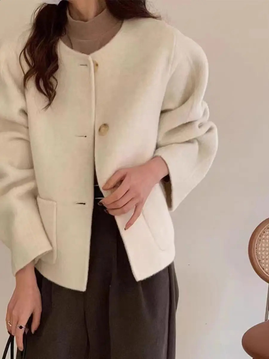 Autumn Winter Single-breasted Double-sided Coat for Women Short O Neck Loose Ladies Woolen Jacket 240822