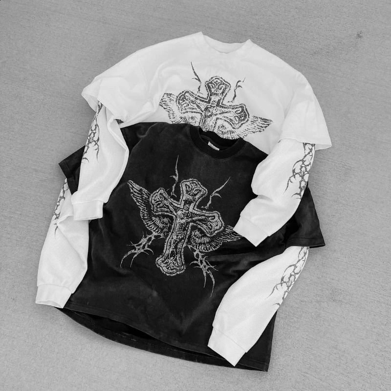 Goth Printed Long Sleeve Graphic Clothing Street Haruku Hip Hop Mens T Shirts Loose Casual Men Clothes Tops 240823