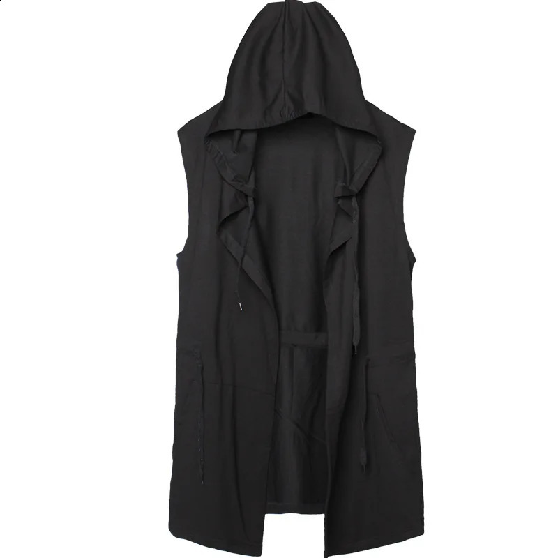 Punk Hip Hop Trench Coat Hooded Cloak Vintage Gothic Sleeveless Jacket For Men Street Casual Long Cape 240822