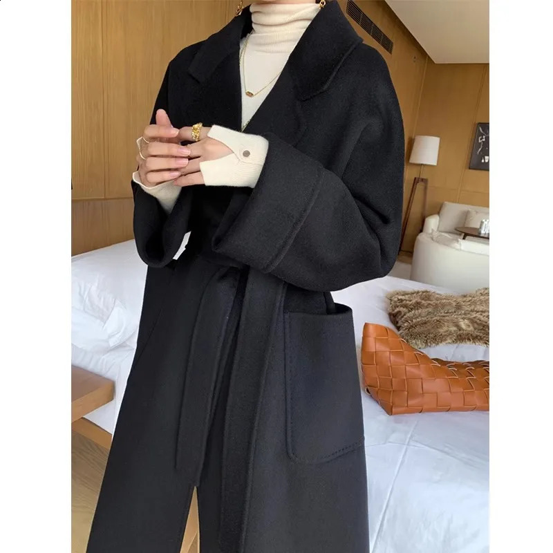 Double-Sided Cashmere Coat For Women In Autumn And Winter High-End Lapel Belt Loose And Long Knee Length Wool Woolen 240822