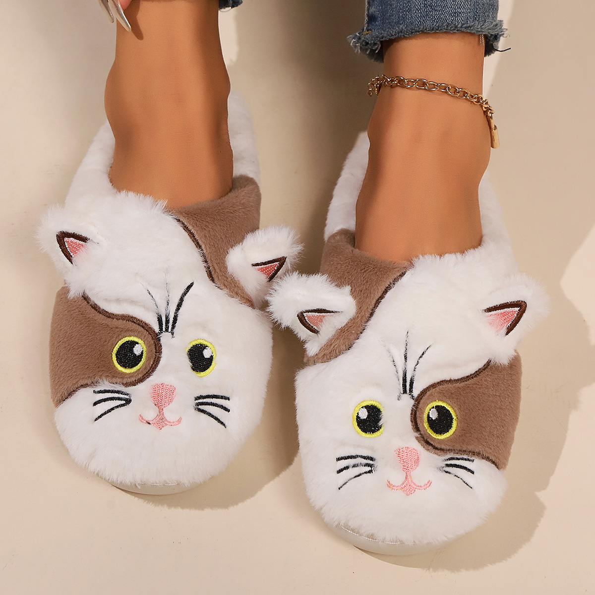 Design slippers fashion cute kitten plush slippers autumn and winter warm cotton slippers 2024 new outdoor indoor flat casual shoes warm Brown Black
