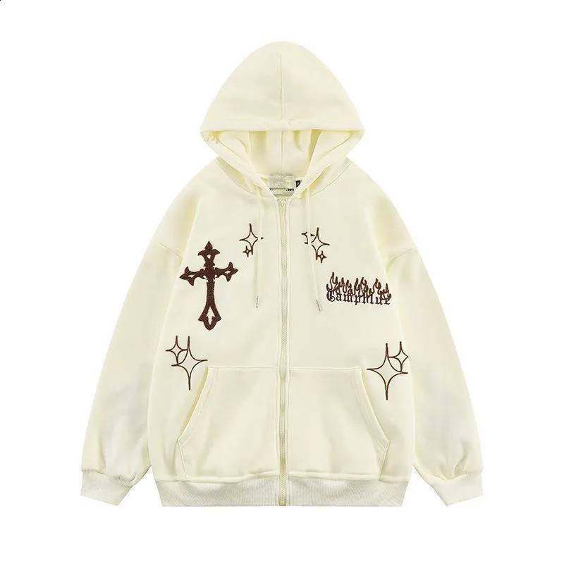 Mens Streetwear Cross Embroidery Zip Up Cardigan Hoodies Y2K Vintage Skeleton Spider Hoodie Men Oversize Black Hooded Sweatshirt 240823