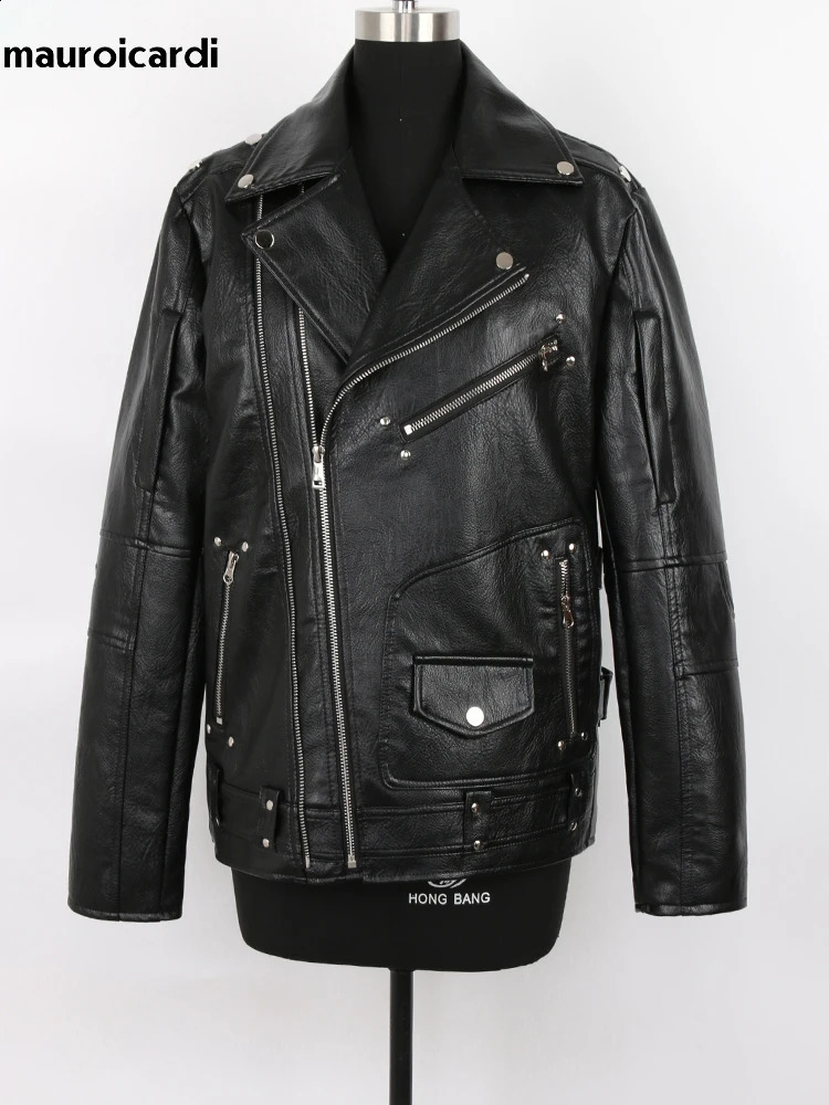 Mauroicardi Spring Autumn Black Pu Leather Biker Jacket for Men Style Long Sleeve Zipper Plus Size Fashion Men Clothing 5xl 240822