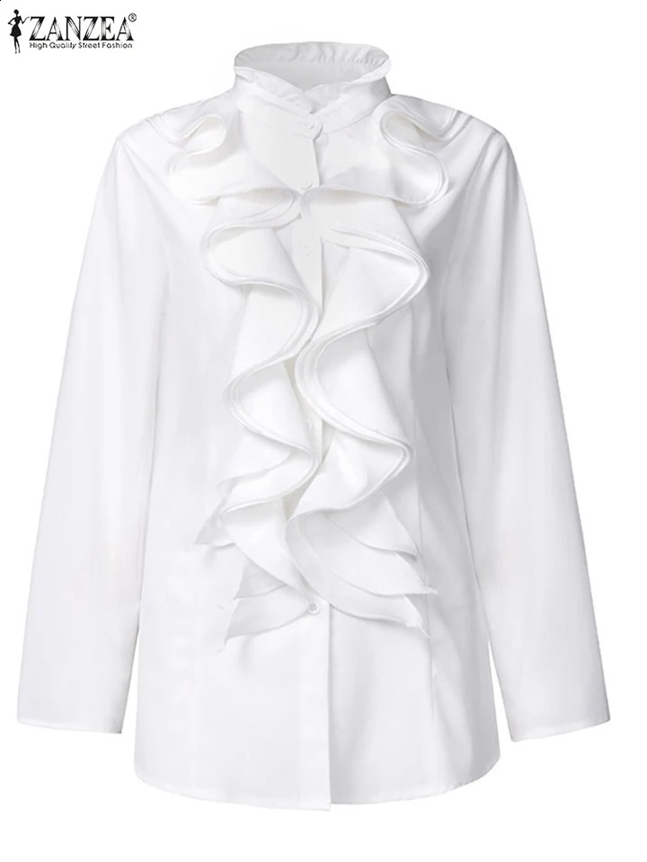 ZANZEA Elegant Women Blouse Ruffles Tops Fashion Long Sleeve Shirts Flounce Blusas Stylish OL Work Shirt Female White Blouses 240823