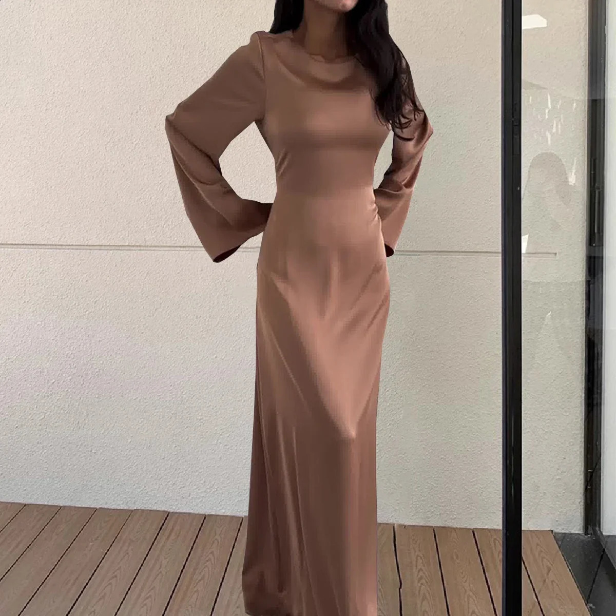 Elegant Long Dresses Fashion Vintage Simple Round Neck Satin Flare Sleeve Lace Up Slim Evening Party Women Sexy Dress 240823