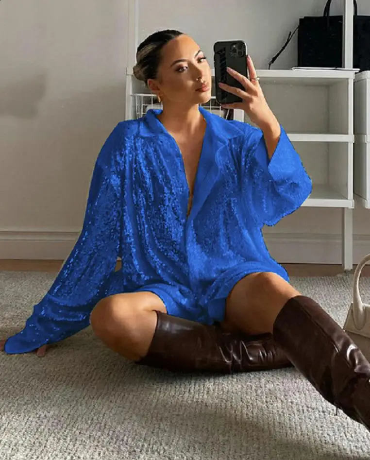 Womens Y2K sequined button down sweater shirt long sleeved sparkling top party club outfit streetwear 240822