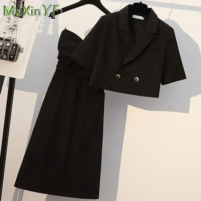 Summer Fashion Short Small Blazer Sling Dress Two Piece Suit Women Korean Elegant Short Sleeve Casual Suit Midi Skirt Set 240823