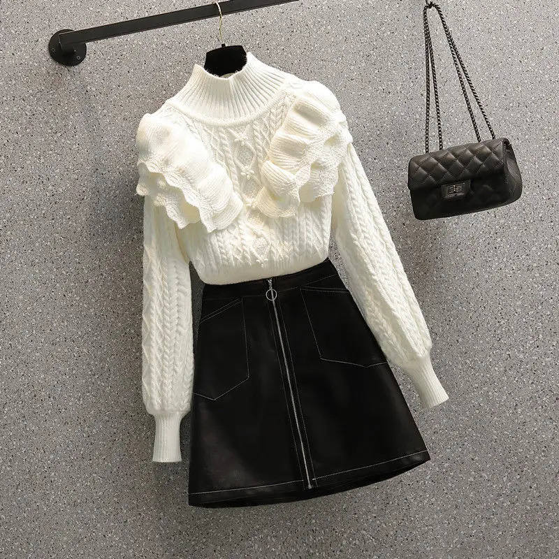 Spring and Autumn Womens Suit Korean Version Fashionable Slim Ruffle Sweater High Waist Skirt Two-piece Set 240823