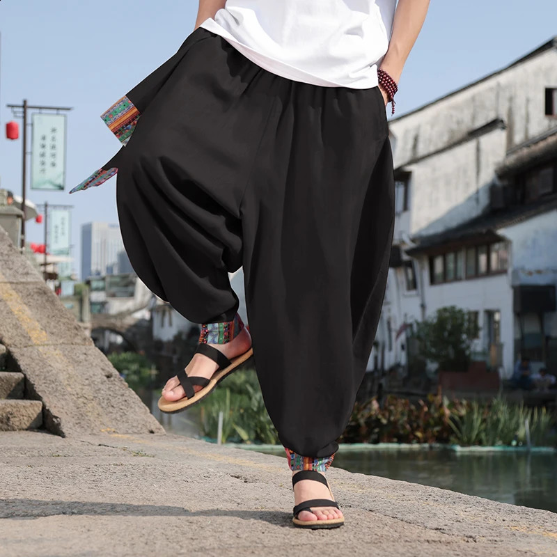 Chinese Style Mens Retro Wide Leg Pants Loose Plus Size Trendy High Street Fashion Cotton and Linen Pants Hombre Leggings 240822