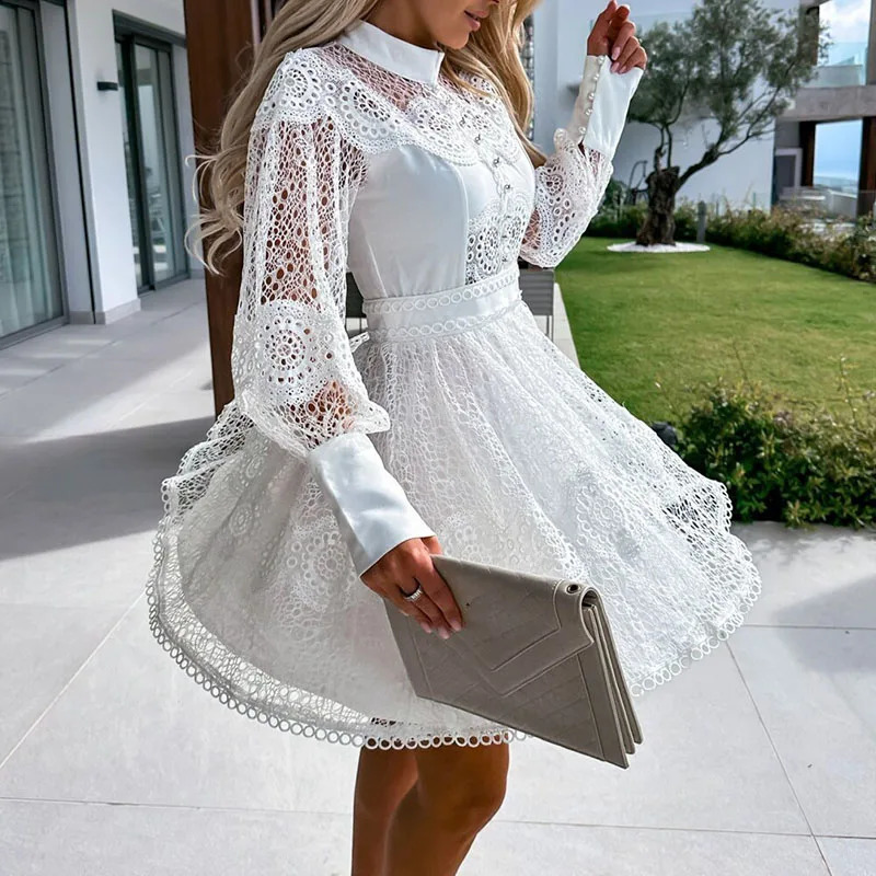 Women Elegant Solid Embroidered Lace Party Dress Summer Fashion Long Sleeve A-Line Dress Ladies Casual O-Neck Button Dress 240823