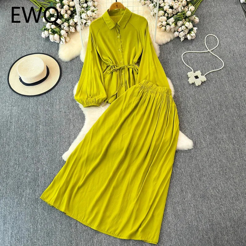EWQ Casual Solid Color 2 Piece Sets For Women Lapel Collar Belt Gathered Waist Top Loose Long Simplicity Skirt 27X181 240823