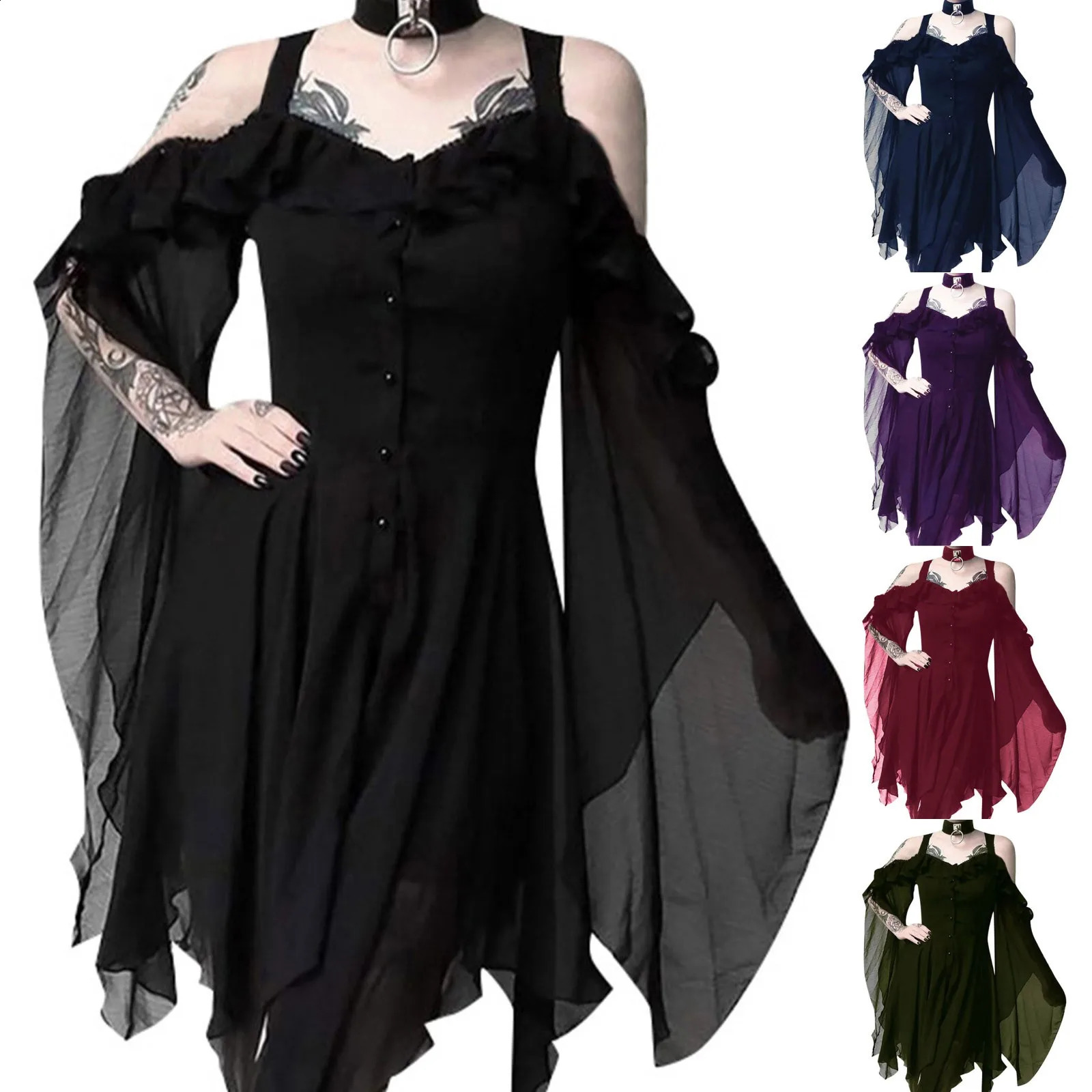 Gothic Witch Retro Dress Womens Sexy Hollow Lace Waist Horn Shoulders Halloween Costume w240824