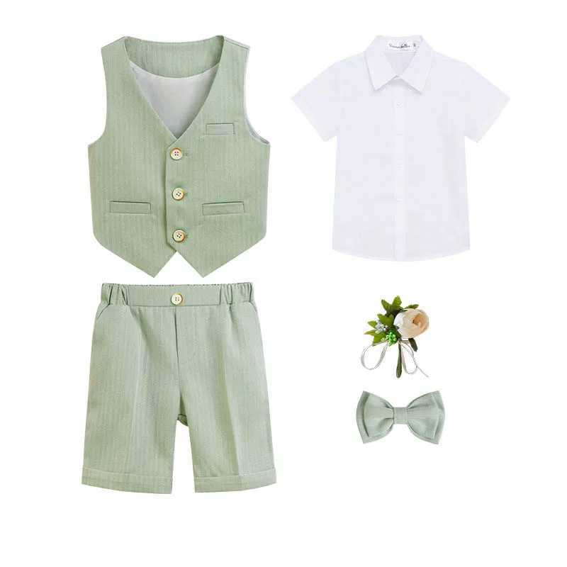 Boys Birthday Wedding Party Dress Childrens Summer Green Immersion Photography Set Childrens Vest Short Sleeve Bow Tie Ceremony Dress W240823