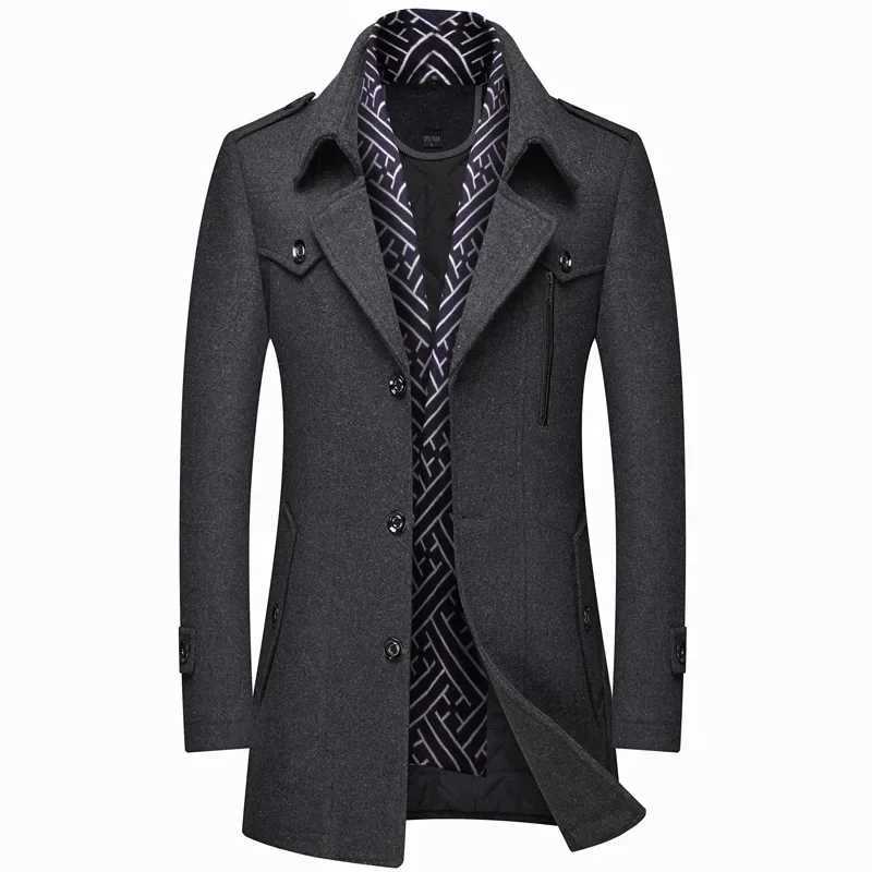 Mens Woolen Coats Fashion Thicken Mid Length Trench Turn Down Collar Warm Outerwear Business Casual Wool CoatXJ240822