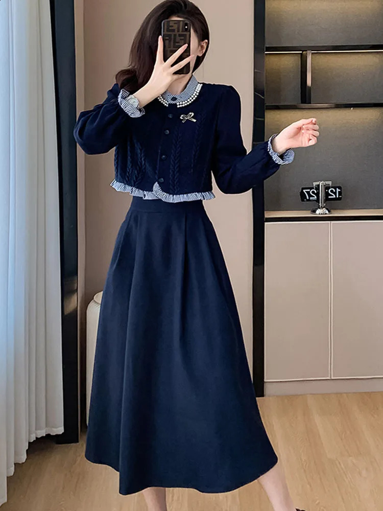 Autumn Fashion Two Pieces Set Korean Women Vintage Ruffles Knitted splicing Shirt Top A-Line Midi Skirts Elegant Outfits 240823