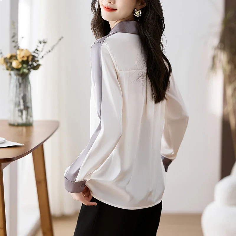 Women Clothing Spring Tops Long Sleeve Patchwork Chiffon Shirts Chic Contrast Office Korean Fashion Casual Blouse Female 240823