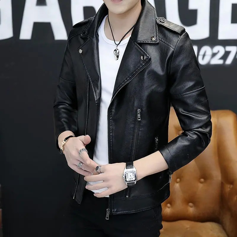 Bomber Leather Jacket Men Streetwear Lapel Motorcycle Jacket Zipper PU Leather Coat Vintage Black Pocket Jackets Men Clothing 240822